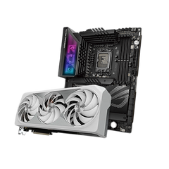 Computer motherboard with a graphics card on a white background