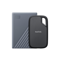 Two external hard drives, one gray and one black, on a white background.