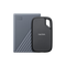 Two external hard drives, one gray and one black, on a white background.