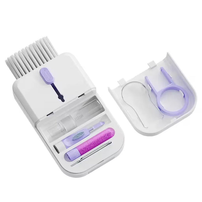 11-in-1 Electronic Cleaning Kit – Compact white and purple multifunction cleaning kit with a retractable high-density brush, keycap puller, cleaning pen, spray bottle, microfiber cloth, and various precision tools, displayed open on a white background.