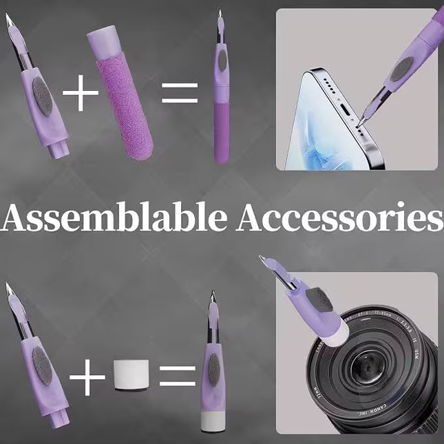 Assembleable Cleaning Accessories – Infographic showing interchangeable cleaning pen attachments, including a flocking sponge, metal nib, and soft brush, designed for cleaning charging ports, camera lenses, and electronic devices.