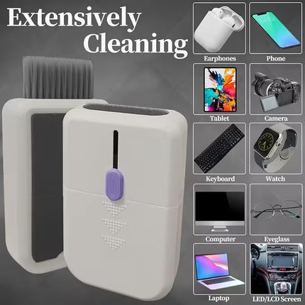 Multi-Purpose Electronics Cleaning Kit – Portable cleaning kit with illustrations showing compatibility for cleaning earbuds, smartphones, tablets, cameras, keyboards, smartwatches, computers, eyeglasses, laptops, and car displays.