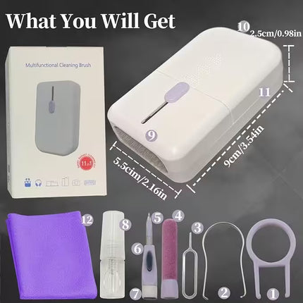 11-in-1 Cleaning Kit Contents – Product package displayed alongside all included accessories, featuring the cleaning case, interchangeable tools, spray bottle, microfiber cloth, and dimensions of the compact storage case.