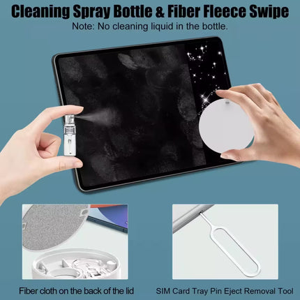 Cleaning spray bottle and fiber fleece swipe being used on a tablet with additional tools displayed.