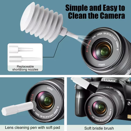 Camera lens cleaning tool with replaceable nozzles and cleaning actions on a camera lens.