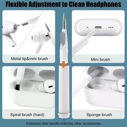 A white earbud cleaning tool with multiple flexible brush heads and a metal tip, shown in a four-panel infographic explaining how to clean earbuds and charging cases. Text labels include 'Metal tip&mini brush', 'Mini brush', 'Spiral brush (hard)', and 'Sponge brush'.