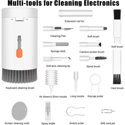 A multi-tool set for cleaning electronics, featuring a cylindrical keyboard cleaning brush with a gray bristle head and orange button, plus multiple accessory tools like extension rods, soft and hard brushes, a camera screen brush, a sponge stick, a spray bottle, a keycap puller, a switch puller, a SIM card pin, and a screen cleaning cloth, all labeled on a white background.