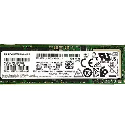 Samsung PM981a 256GB M.2 2280 NVMe PCIe SSD with product label, green PCB, and M.2 edge connector, shown on a white background