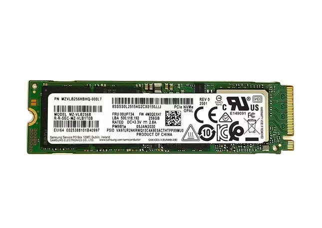 Samsung PM981a 256GB M.2 2280 NVMe PCIe SSD with product label, green PCB, and M.2 edge connector, shown on a white background