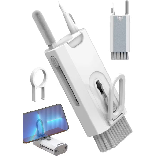 8-in-1 Electronics Cleaning Kit – Compact white multifunction cleaning kit featuring a retractable soft brush, cleaning pen, screen spray bottle, microfiber cleaning pad, keycap puller, and foldable phone stand. Displayed with removable accessories on a white background.