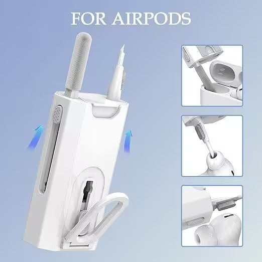 AirPods Cleaning Tool – Portable 8-in-1 cleaning kit demonstrating precision tools for cleaning AirPods charging cases and earbuds, including a soft sponge, metal tip, and fine brush for hard-to-reach areas.