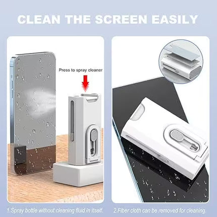 Screen Cleaning Function – Multifunction cleaning kit with a built-in refillable spray bottle and removable microfiber cloth, designed to clean smartphone, tablet, and laptop screens without leaving streaks.