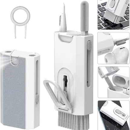 Multi-Purpose Cleaning Kit – White electronics cleaning kit shown with its interchangeable tools and examples of use for keyboards, earbuds, charging cases, screens, and other electronic devices.