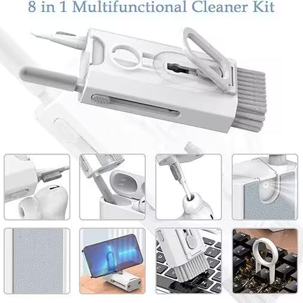 8-in-1 Multifunction Cleaner Kit – Overview image highlighting all integrated cleaning features, including a screen cleaner, keyboard brush, earbud cleaner, keycap puller, phone stand, and precision cleaning tools.
