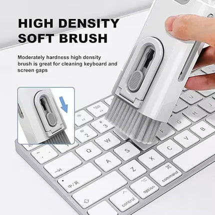 High-Density Soft Keyboard Brush – Close-up of the high-density soft brush cleaning dust and debris between laptop keyboard keys, designed for safe and effective maintenance of keyboards and narrow gaps.