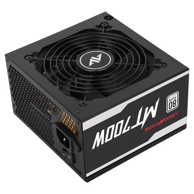 A black AKM Core M7000W desktop power supply unit with a large front fan, perforated side heatsinks, and white and red branding on a clean white background.