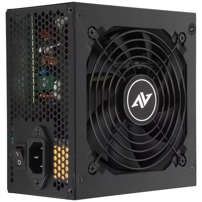 A black computer power supply unit with a large front cooling fan, perforated side panels, and a visible AV logo on the fan center.