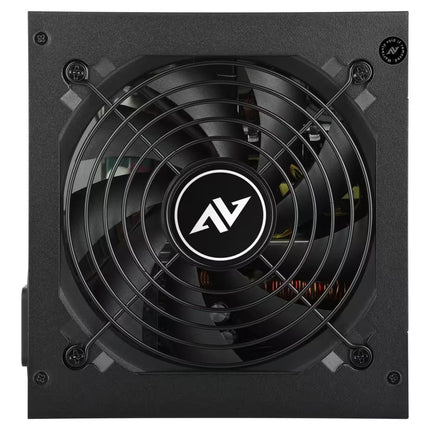 A close-up of a black computer power supply fan with a circular wire guard and a central logo featuring the letters 'AV'.