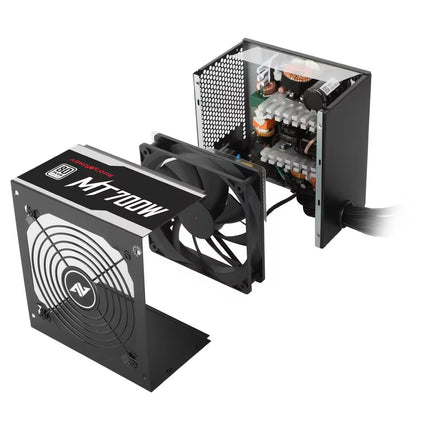 A black and silver computer power supply unit shown from multiple angles on a clean white background, including a front view with a fan and a side view showing internal components.
