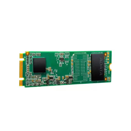 Back view of an ADATA 128GB M.2 2280 SATA SSD showing the green PCB, NAND flash chips, and controller on a white background.