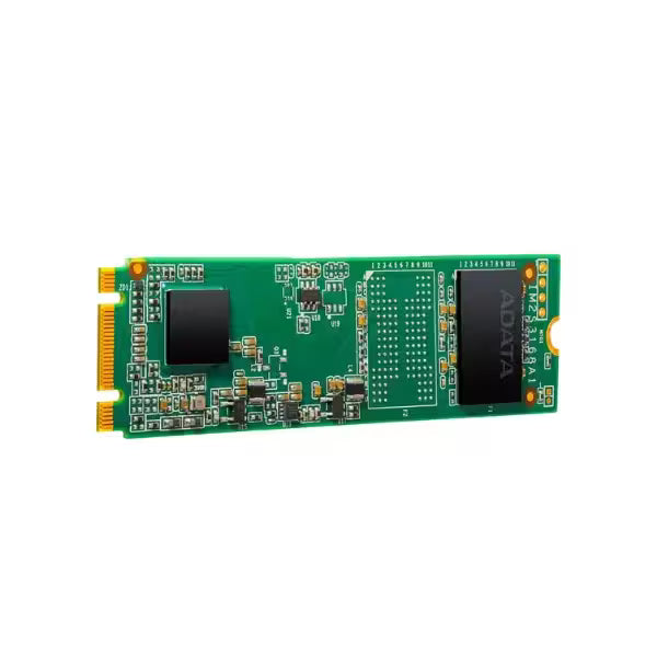 Back view of an ADATA 128GB M.2 2280 SATA SSD showing the green PCB, NAND flash chips, and controller on a white background.