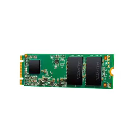 Close-up of the ADATA 128GB M.2 2280 SATA SSD showing the green PCB, NAND flash memory chips, controller, and M.2 edge connector.