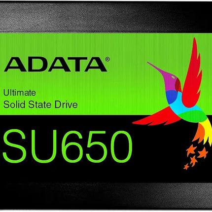 ADATA SU650 solid state drive with colorful hummingbird logo on a green background