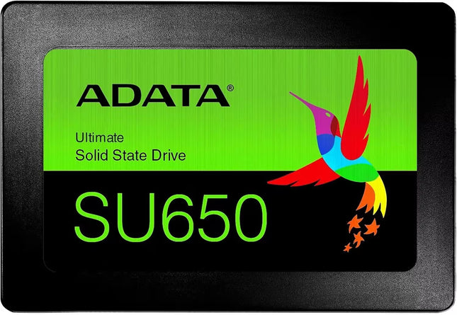 ADATA SU650 solid state drive with colorful hummingbird logo on a green background