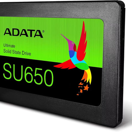 ADATA SU650 solid state drive with colorful logo on a green background