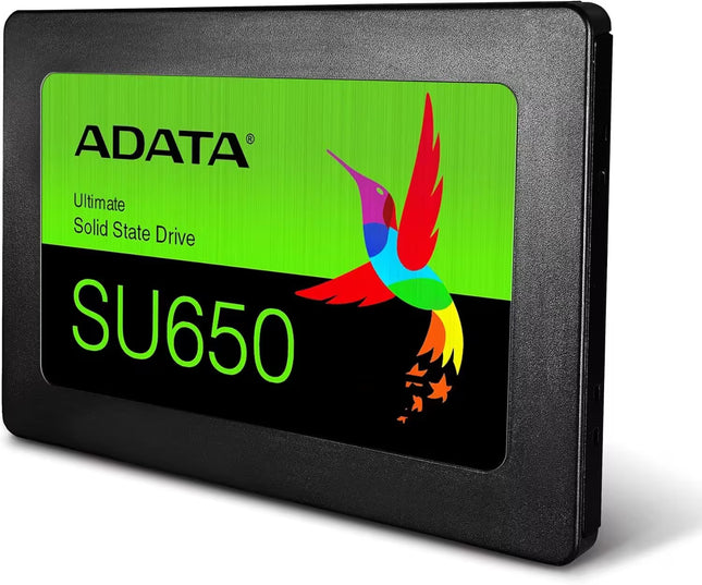 ADATA SU650 solid state drive with colorful logo on a green background