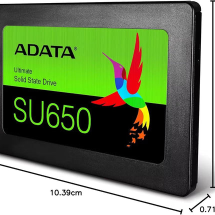 ADATA SU650 solid state drive with dimensions labeled