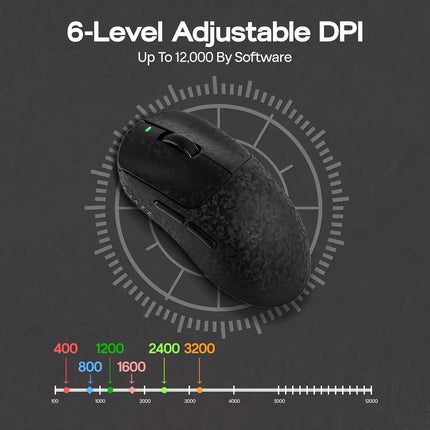 Black gaming mouse with DPI adjustment scale on a dark background