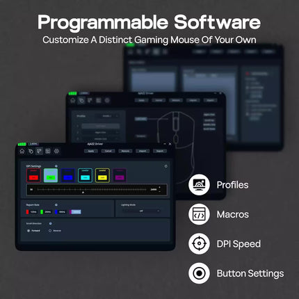 Gaming mouse software interface with customizable options on a dark background