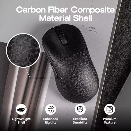 Black carbon fiber composite mouse with material details on a gray background