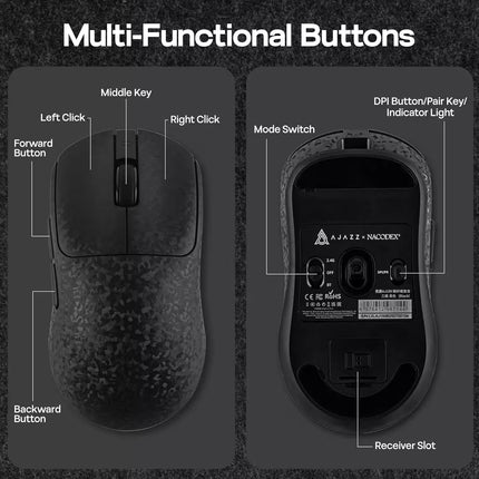 Black gaming mouse with labeled buttons and AJAZZ NACOREX branding on a dark background