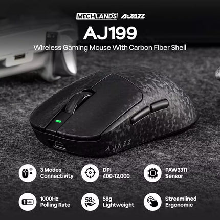Mechlands Ajazz AJ199 wireless gaming mouse with carbon fiber shell on a dark surface.