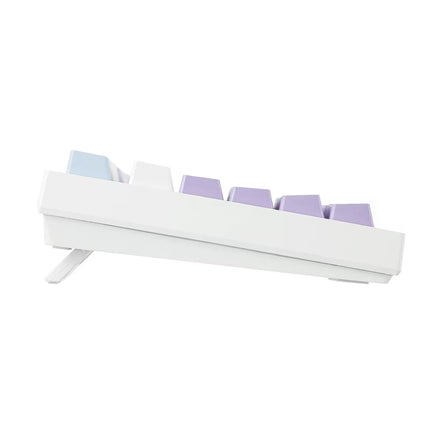 A white mechanical keyboard with pastel purple and light blue keycaps, shown from a side angle on a solid white background.