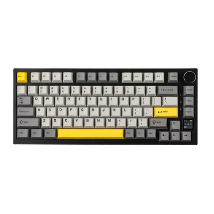 A compact mechanical keyboard with a black frame, featuring light gray and white keycaps, a prominent bright yellow bottom bar and Enter key, and a small circular dial on the top right.