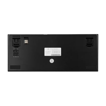 Back view of a black electronic device with ports and labels on a white background