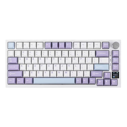A compact mechanical keyboard with a white frame and pastel purple, lavender, and light blue keycaps, shown from a top-down perspective on a white background.