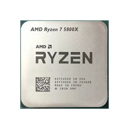 AMD Ryzen 7 5800X processor chip with a silver metal top surface, featuring the AMD Ryzen branding and product specifications.