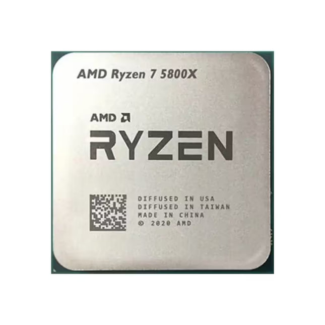 AMD Ryzen 7 5800X processor chip with a silver metal top surface, featuring the AMD Ryzen branding and product specifications.