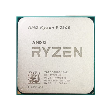 AMD Ryzen 5 2600 processor chip with a silver metallic top surface, featuring the AMD Ryzen logo and product specifications, isolated on a white background.
