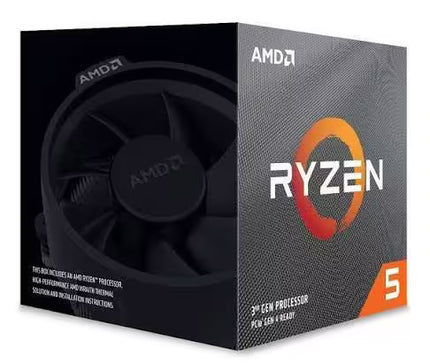 AMD Ryzen 5 processor retail box showing a black cooling fan on the front and Ryzen branding with an orange circular logo on the side, photographed on a white background.