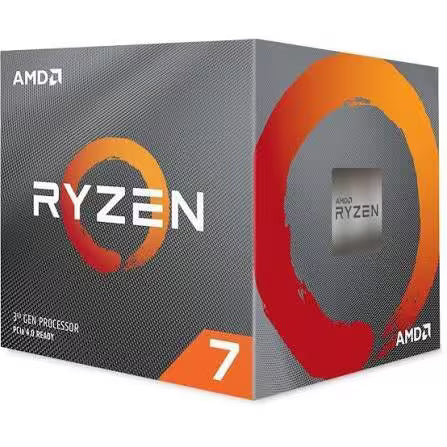 AMD Ryzen 7 3700X 3rd Gen Processor retail box packaging, featuring a textured dark gray design with a prominent orange and red circular logo and white AMD branding.