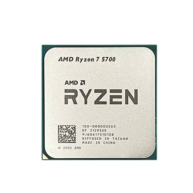 AMD Ryzen 7 5700 processor chip with a silver metallic top surface, black printed branding and serial text, and a dark green pin shield visible around the edges, shown on a plain white background.