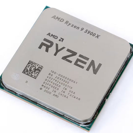 AMD Ryzen 9 5900X processor chip with a silver metal top cover and green circuit board base, photographed on a white background.