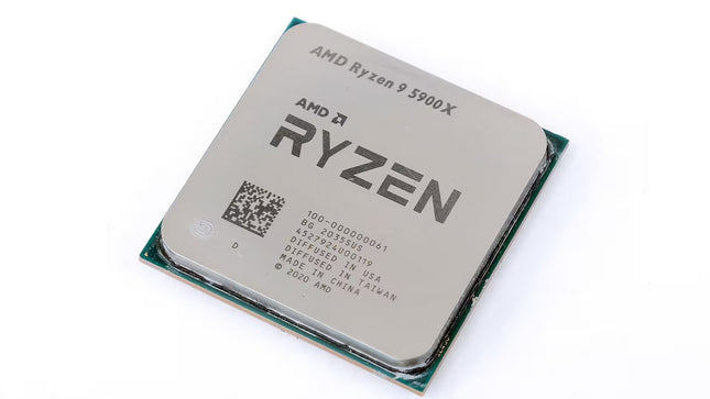 AMD Ryzen 9 5900X processor chip with a silver metal top cover and green circuit board base, photographed on a white background.