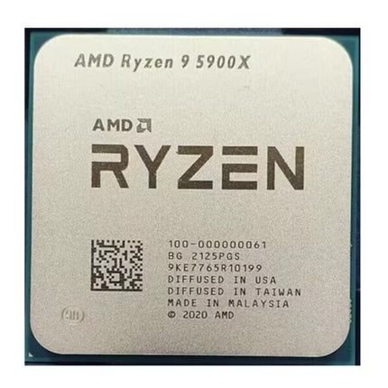 AMD Ryzen 9 5900X processor chip with a square silver metal top and dark gray printed branding and serial text, shown against a dark teal background.