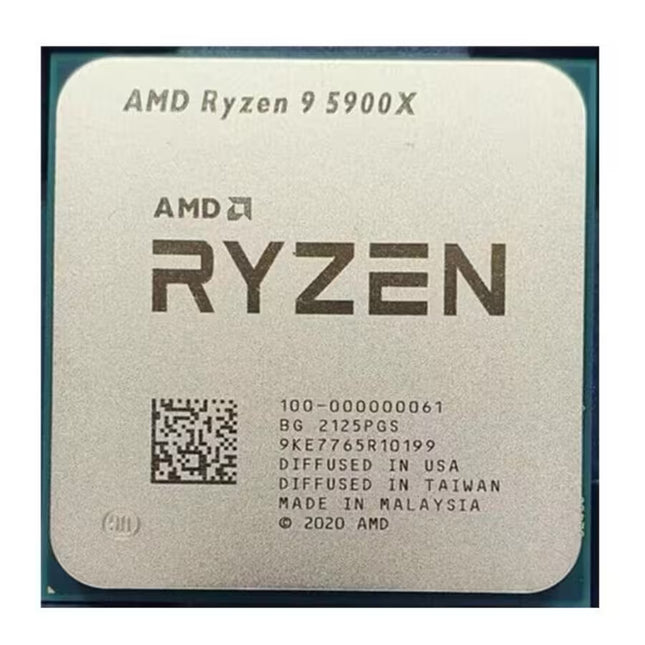 AMD Ryzen 9 5900X processor chip with a square silver metal top and dark gray printed branding and serial text, shown against a dark teal background.